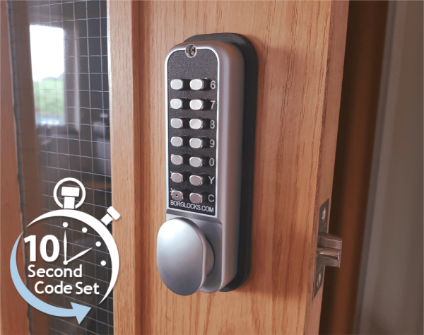 Borg BL2021ECP mechanical gate lock with back to back keypads and 60mm latch for internal doors - satin chrome finish with code reset function