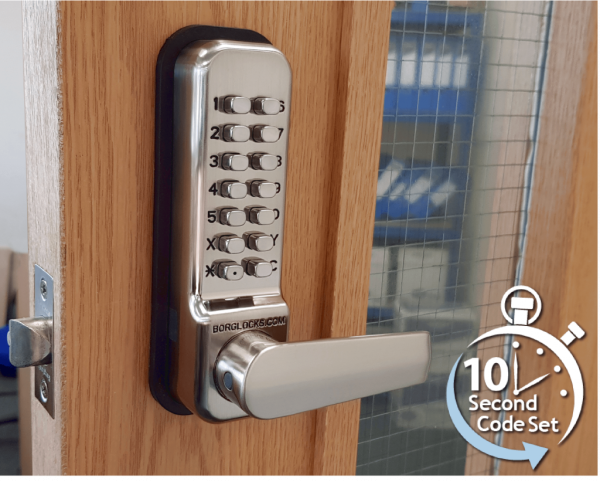 Borg BL2401ECP mechanical gate lock with keypad and 60mm latch for internal doors - satin chrome finish with code reset, holdback & free turn lever function