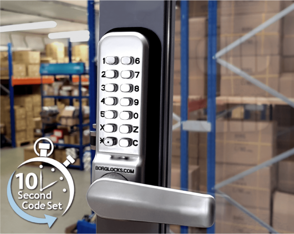 Borg BL2402ECP mechanical gate lock with keypad and 28mm latch for internal doors - satin chrome finish with code reset, holdback & free turn lever function