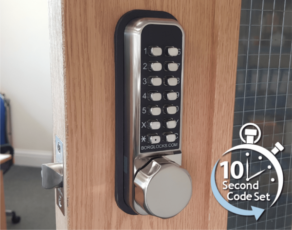 Borg BL2521ECP mechanical gate lock with back to back keypads and 60mm latch for internal doors - satin chrome finish with code reset, holdback, free turn lever function and codestar knurled knob