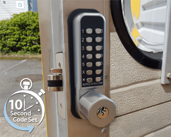 Borg BL2702ECP mechanical gate lock with keypad and 60mm latch for external doors - satin chrome finish with code reset, & key overide function