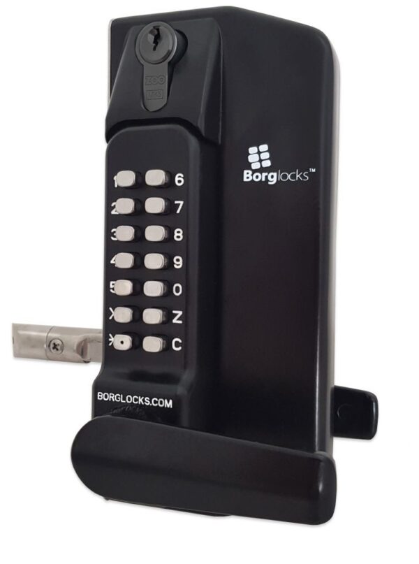 Borg BL3400DKOECP mechanical gate lock with keypad and free turn lever handle with 65-80mm latch - black finish with key override, deadlock and code reset function - Image 3