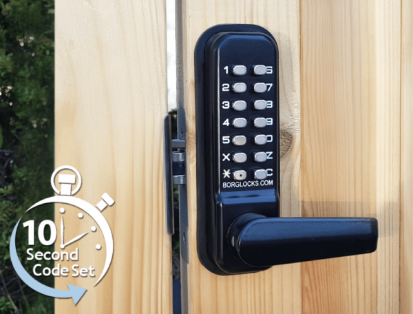 Borg BL4402ECP mechanical gate lock with keypad and 28mm latch for external doors - black finish with free turning lever handle and code reset function