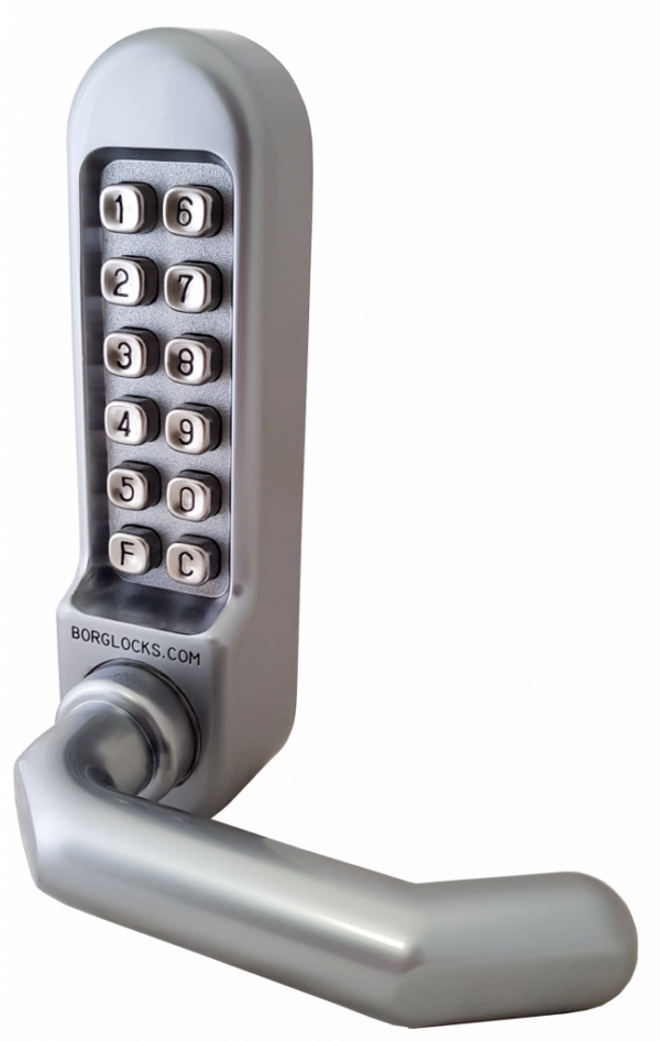 Borg BL5002 mechanical gate lock with keypad and 28mm latch for internal & external doors - satin chrome finish with round bar lever handle