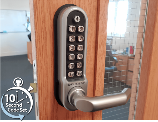 Borg BL5009ECP mechanical gate lock with keypad and 60x72mm mortice lock for internal & external doors - satin chrome finish with round bar lever handle with code reset function