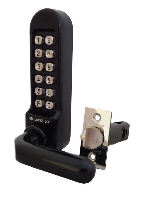 Borg BL5201 marine grade mechanical gate lock with keypad and 60mm latch for internal & external doors - satin chrome finish with stubby round bar lever handle - Image 2