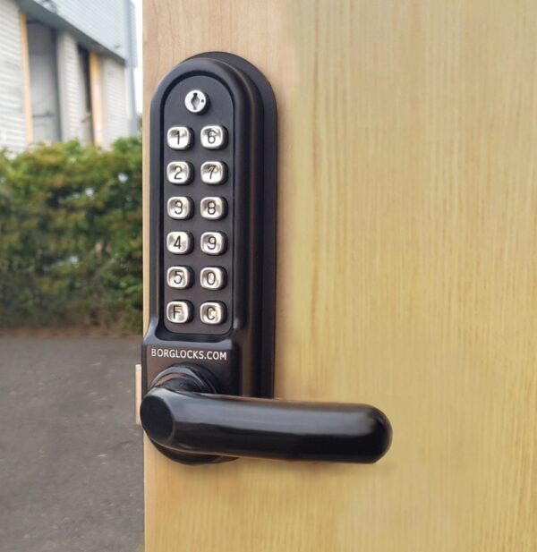 Borg BL5208ECP marine grade mechanical gate lock with keypad and round bar handle without inside device for external doors (no latch mechanism)- black finish with code reset function