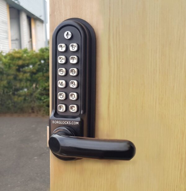 Borg BL5251ECP marine grade mechanical gate lock with back to back keypads and 60mm latch for internal & external doors - black finish with round bar lever handle and code reset function