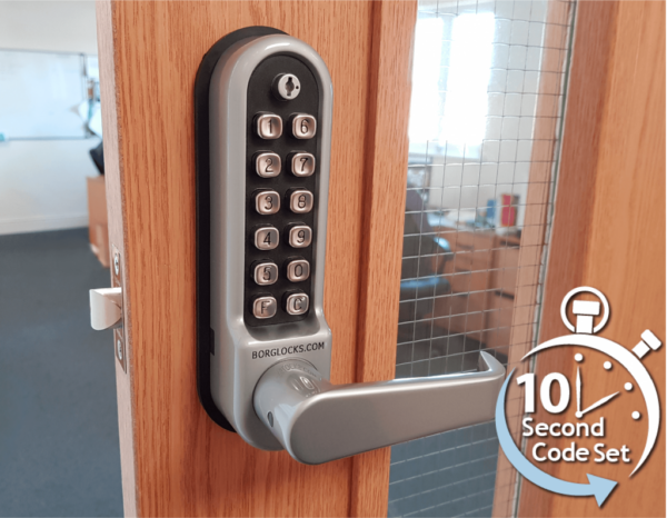 Borg BL5401ECP mechanical gate lock with keypad and 60mm latch for internal & external doors - satin chrome finish with flat bar lever handle