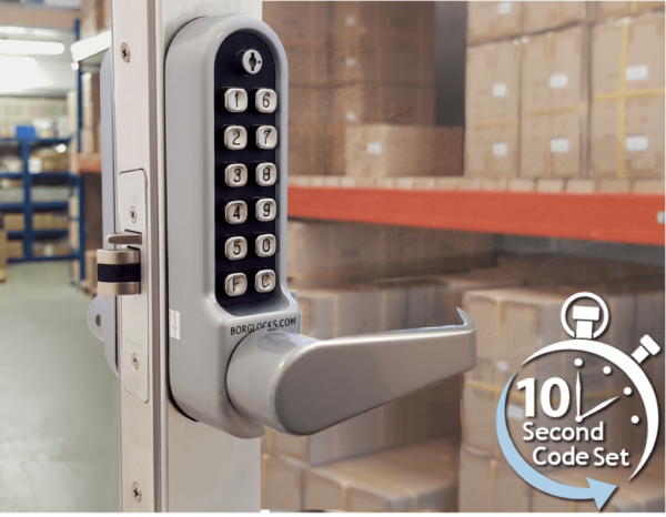 Borg BL5402ECP mechanical gate lock with keypad and 28mm latch for internal & external doors - satin chrome finish with flat bar lever handle and code reset function