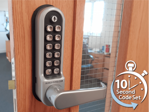 Borg BL5403ECP mechanical gate lock with keypad and 60x72mm mortice lock for internal & external doors - satin chrome finish with flat bar lever handle and code reset function
