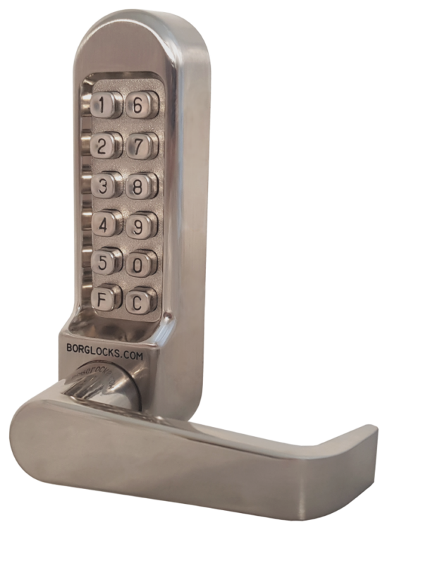 Borg BL5404 mechanical gate lock with keypad and 60x72mm mortice lock for internal & external doors - satin chrome finish with flat bar lever handle - Image 2