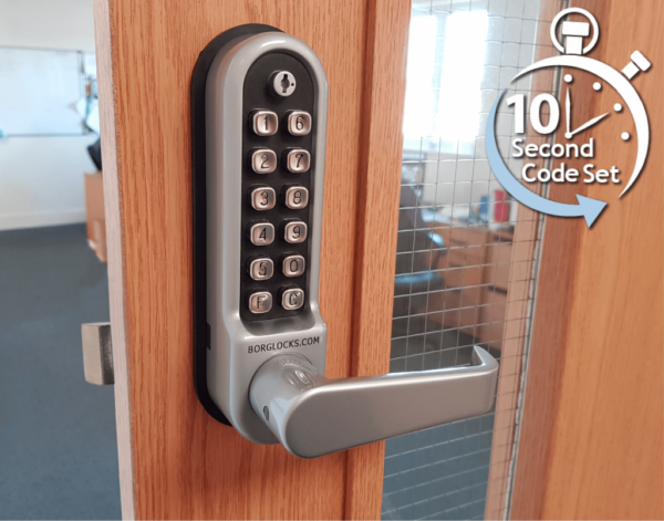 Borg BL5408ECP mechanical gate lock with keypad and push pad for internal & external doors - satin chrome finish with flat bar lever handle and code reset function