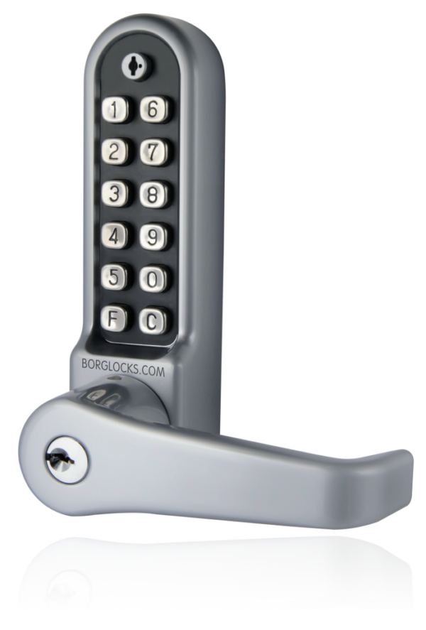 Borg BL5771ECP mechanical gate lock with back to back keypads and 60mm latch for internal & external doors - satin chrome finish with flat bar lever handle, key override and code reset function - Image 2