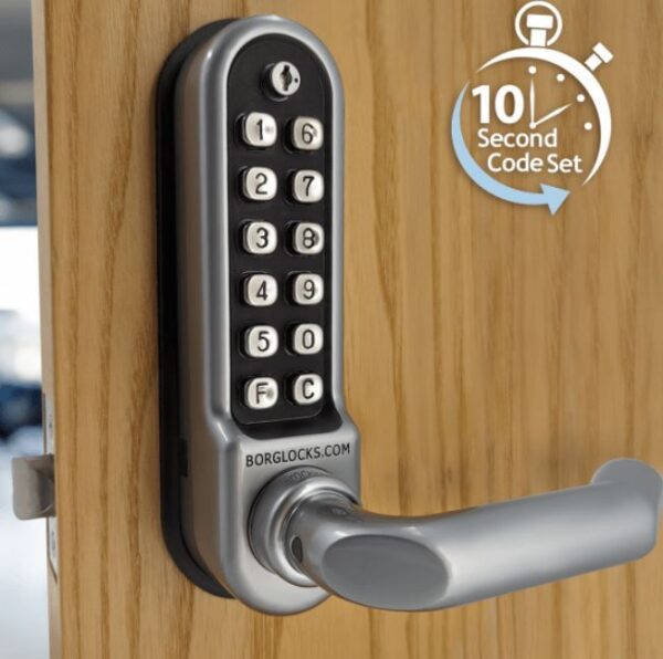 Borg BL5000ECP mechanical gate lock with keypad and free turning lever handle inside device for internal doors (no latch mechanism)- satin chrome finish with code reset function