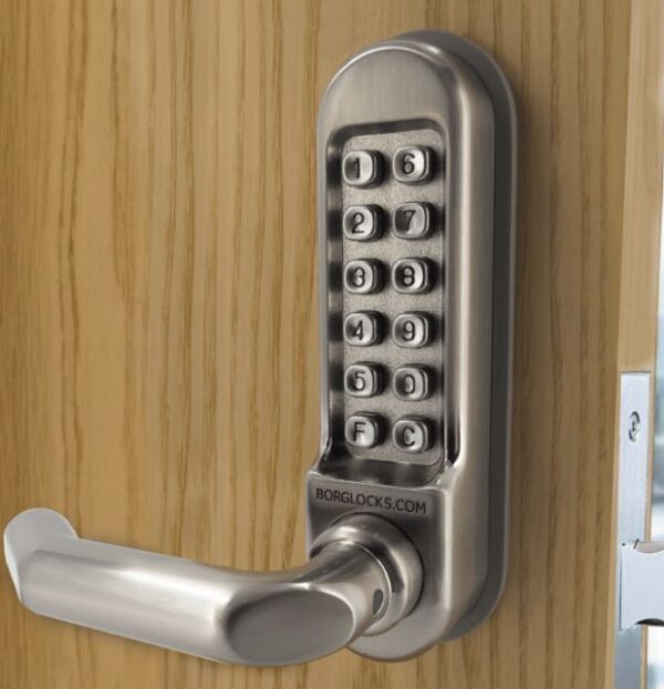 Borg BL5004 mechanical gate lock with keypad and 60x72mm mortice lock for internal & external doors - satin chrome finish with round bar lever handle