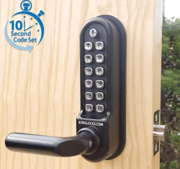 Borg BL5201ECP marine grade mechanical gate lock with keypad and 60mm latch for external doors - black finish with stubby bar lever handle and code reset function