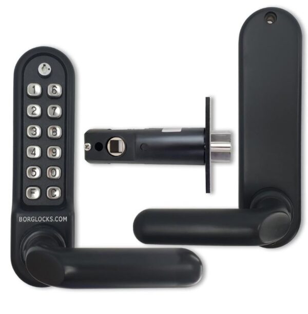 Borg BL5201ECP marine grade mechanical gate lock with keypad and 60mm latch for external doors - black finish with stubby bar lever handle and code reset function - Image 2