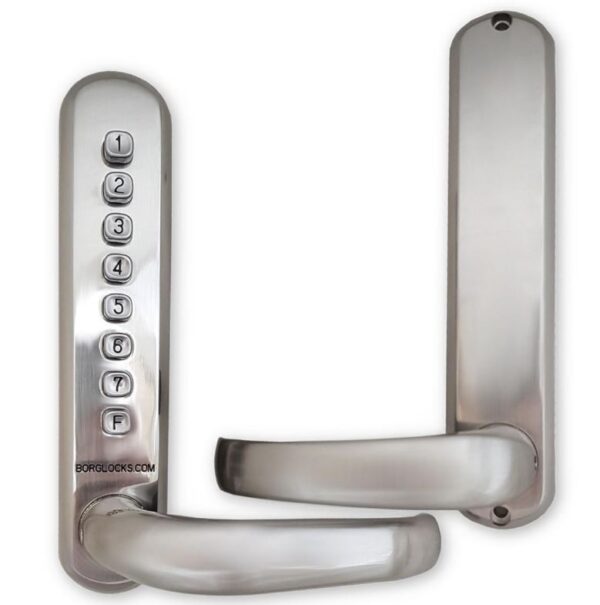 Borg BL6003 narrow style mechanical gate lock with keypad and 60x72mm mortice lock for internal & external doors - satin chrome finish with round bar lever handle - Image 2