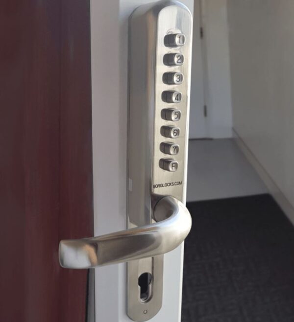 Borg BL6100 narrow style mechanical gate lock with keypad and inside unit for UPVC for internal & external doors - satin chrome finish with round lever handle