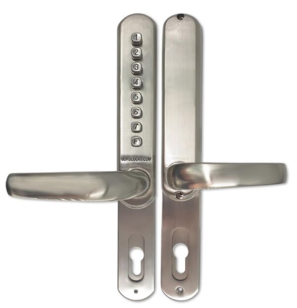 Borg BL6100 narrow style mechanical gate lock with keypad and inside unit for UPVC for internal & external doors - satin chrome finish with round lever handle - Image 2