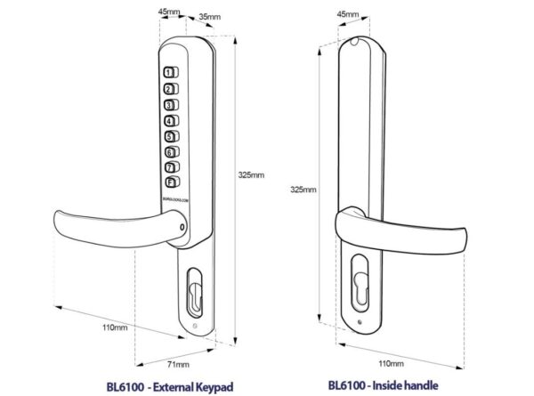 Borg BL6100 narrow style mechanical gate lock with keypad and inside unit for UPVC for internal & external doors - satin chrome finish with round lever handle - Image 3