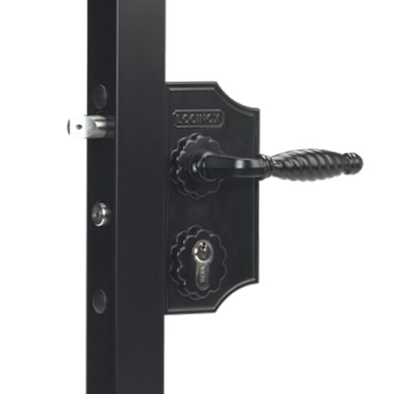 Locinox LAKY F2 small black ornamental swing gate lock for 30-40mm box section with decorative handles