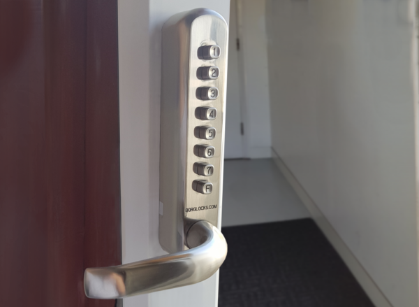 Borg BL6000 narrow style mechanical gate lock with keypad and round bar handle with inside device for internal & external doors (no latch mechanism)- satin chrome finish